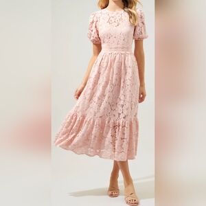 Sugarlips Fleur de Lis Pink Lace Midi Dress Ruffle Puffy Sleeves Cottagecore Med